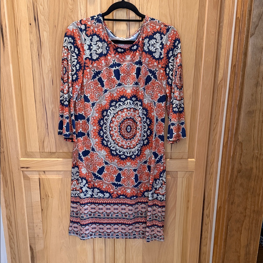Tacera Vibrant Orange And Navy Long Sleeve Dress